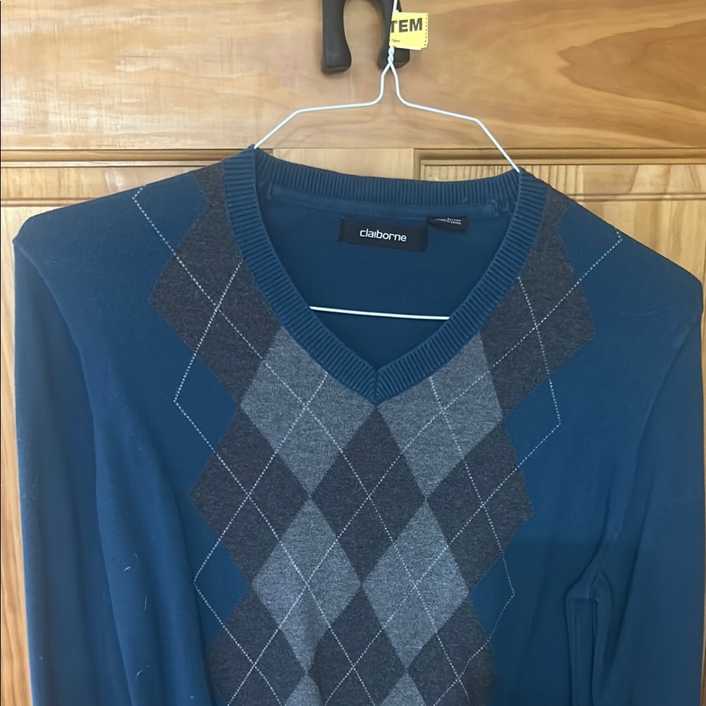 Claiborne Blue and Gray V-Neck Argyle Sweater